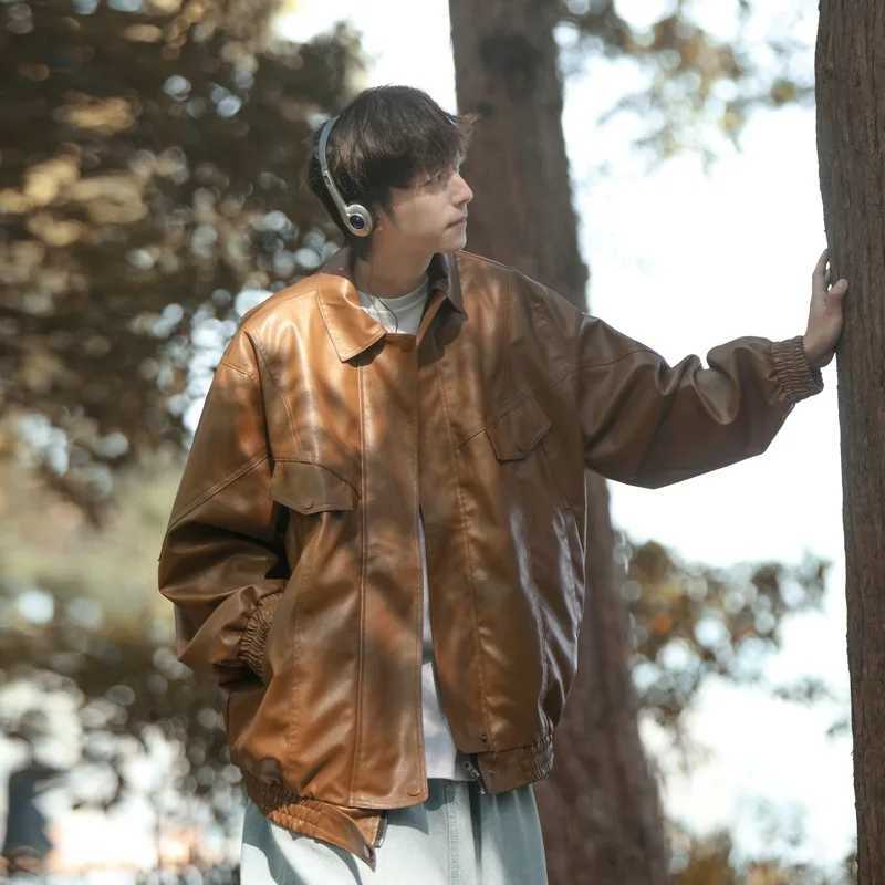 Mens Bomber Zippered Leather Jacket Mens Casual Street Multi Pocket Work Jacket Slim Fit Pilot Baseball Suit Mens ClothingT250311