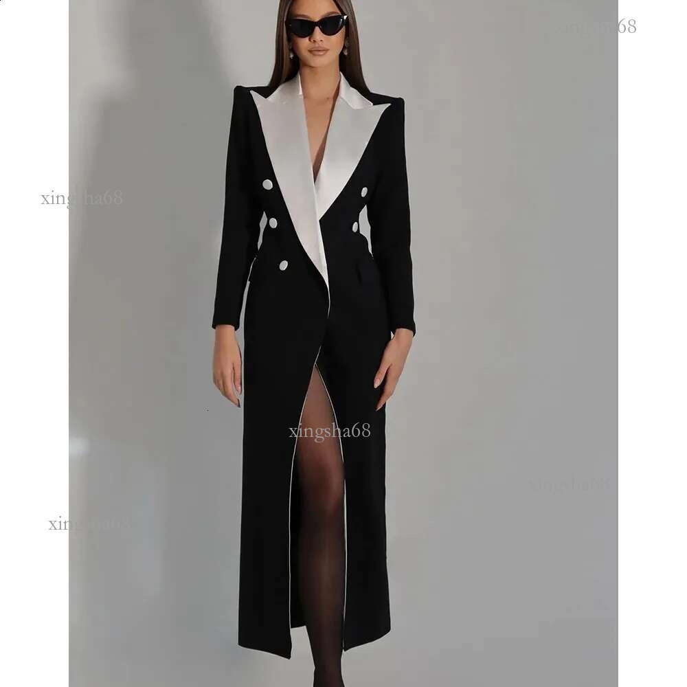 Formal Black Double Breasted Women Blazer White Lapel Long Suits Elegant Female Jacket 1 Piece Business Costume Clothing 24