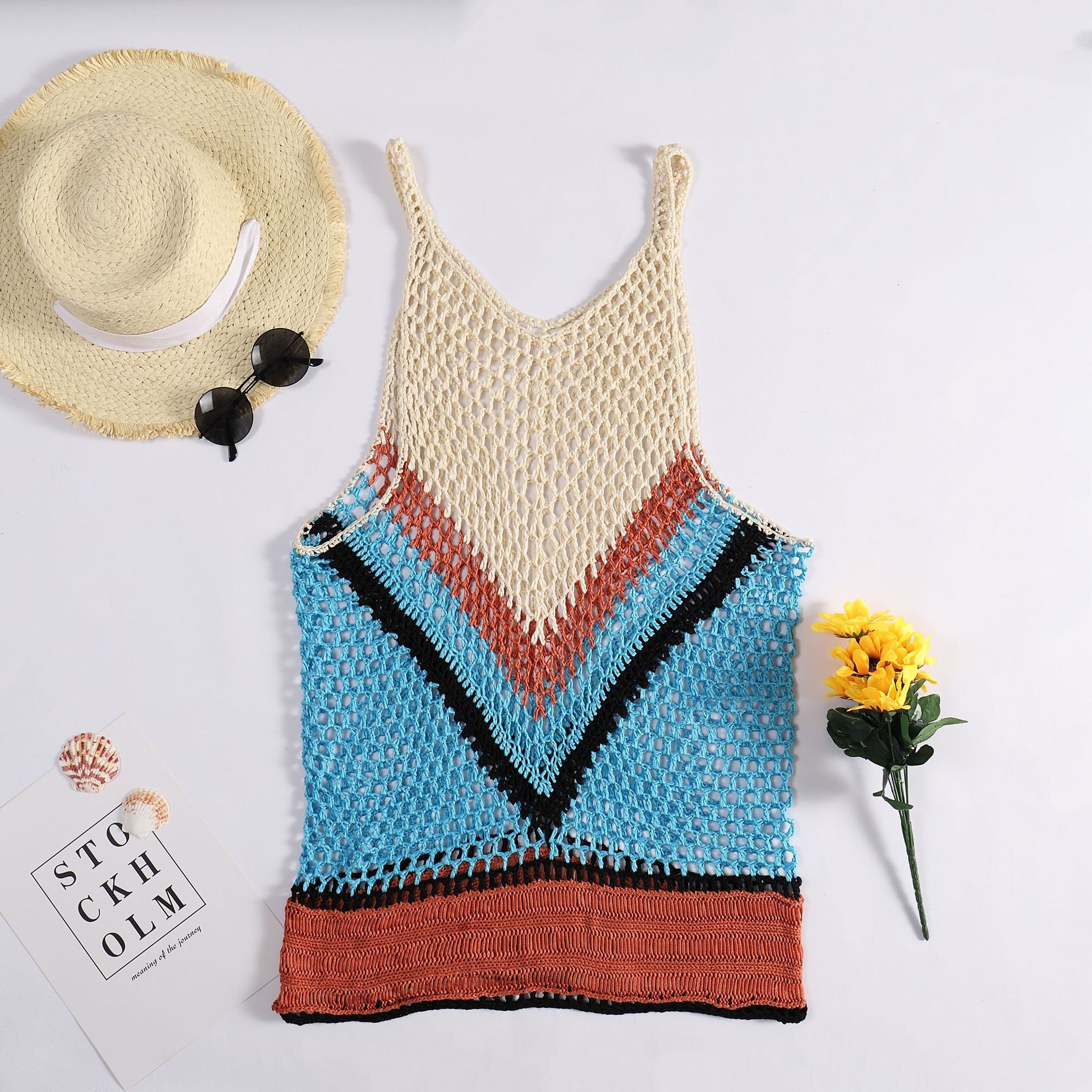 Bohemian Knitted Hook And Loop V-Neck Sexy Backless Hollowed Out Camisole Vest Bikini Top