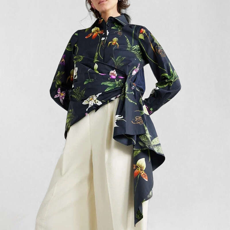 2025 Spring New Women's Fashion Printed Elegant Collar Irregular Shirt Top KLMY