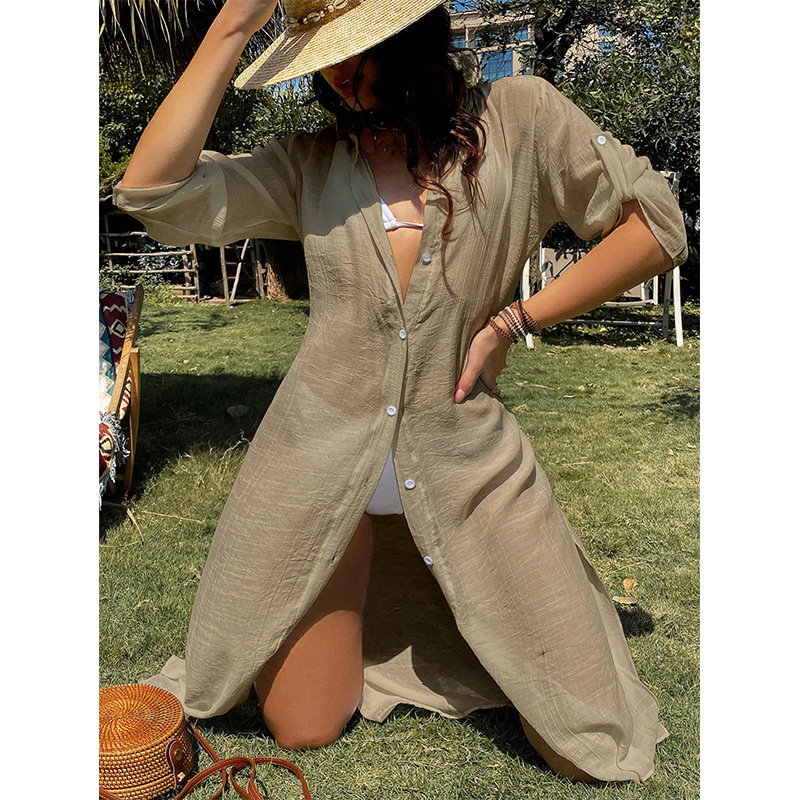 Vacation Jacket Solid Color Loose Breathable Casual Sleeved Shirt Sunscreen Cardigan Long Style