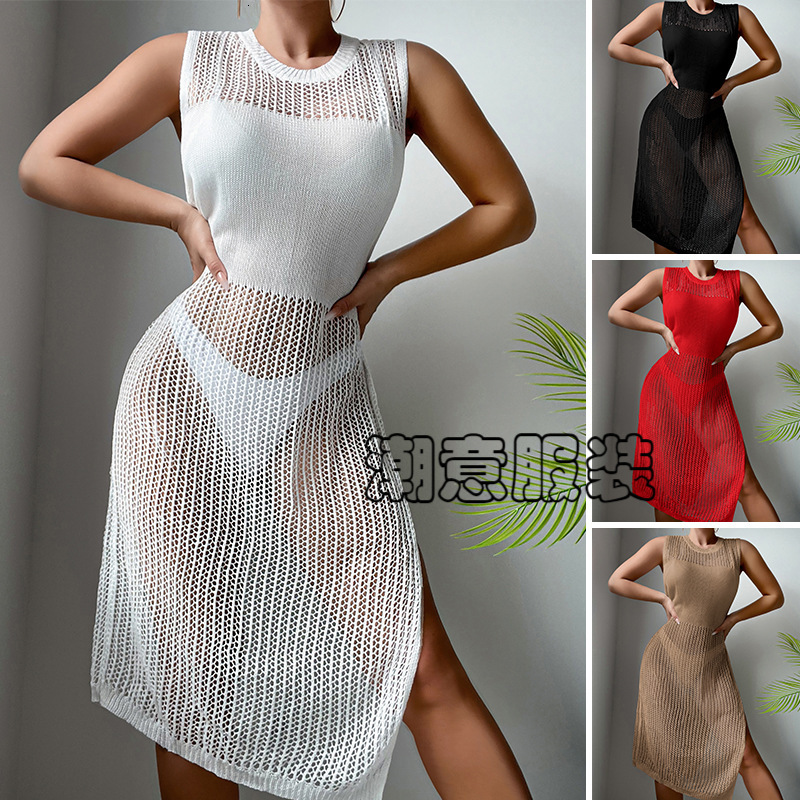 New Vacation Sexy Solid Color Round Neck Woven Texture Split Beach Sunscreen Hoodie Long Dress