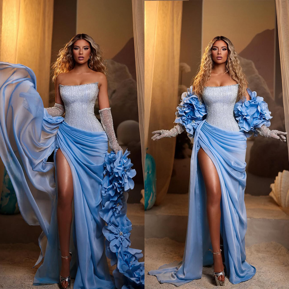 Fancy Evening Dresses 3D Flowers Prom Gowns Strapless Beading Rhinestone High Split Customized Sweep Train Formal Occasion Party Dress Vestidos De Noc