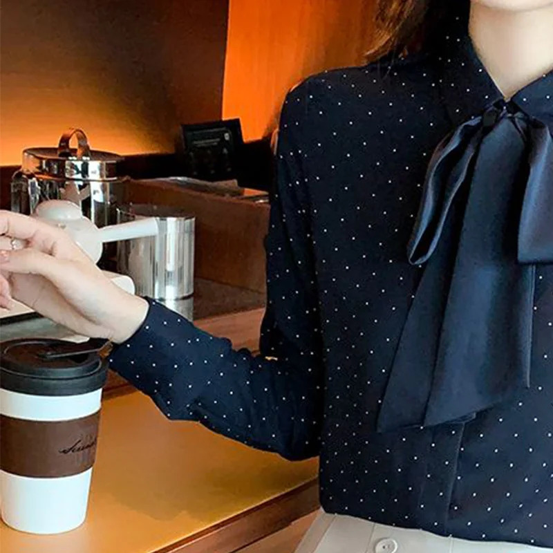 Womens Spring Korean Simple Button Printed Polo Neck Shirt Full Match Fashionable Warm polka dot Long Sleeve 250311