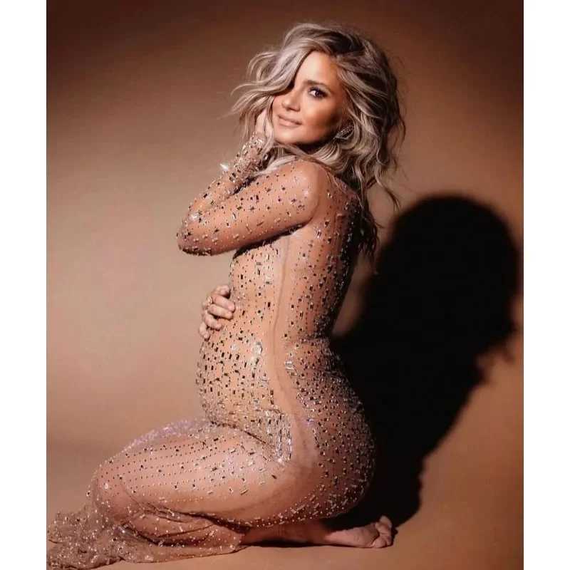 New Transparent Maternity Photography Gowns Sparkling Rhinestone Elastic Mesh Fashion Sexy Dress Pregnant Women For Photo Shoot X2502241