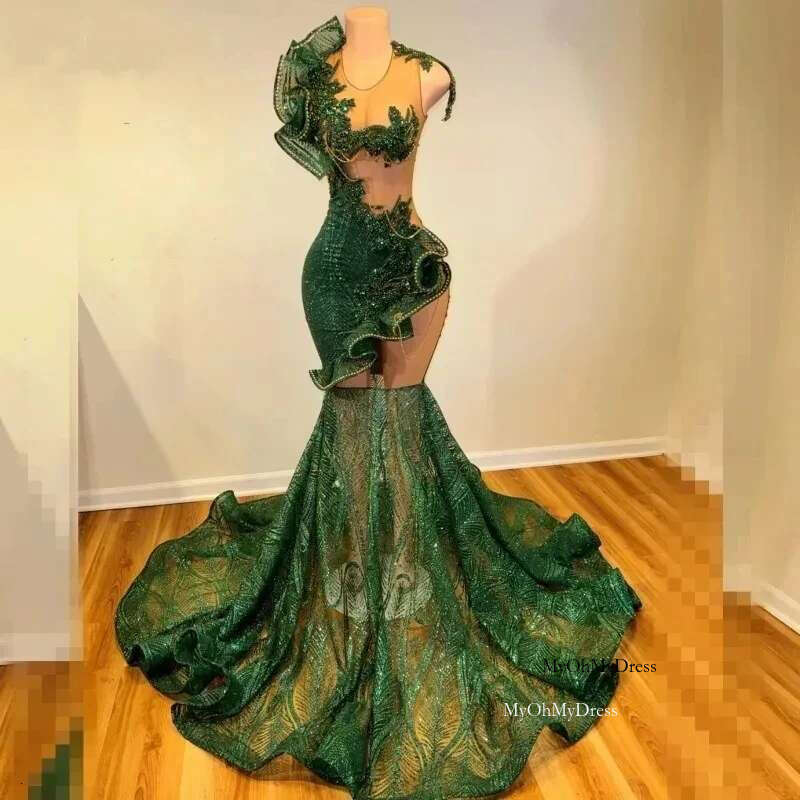 Green Sparkly Long Prom Dress For Black Girls Mermaid Sheer Lace Crystals Birthday Party Dresses Women Evening Gown Customized al0311
