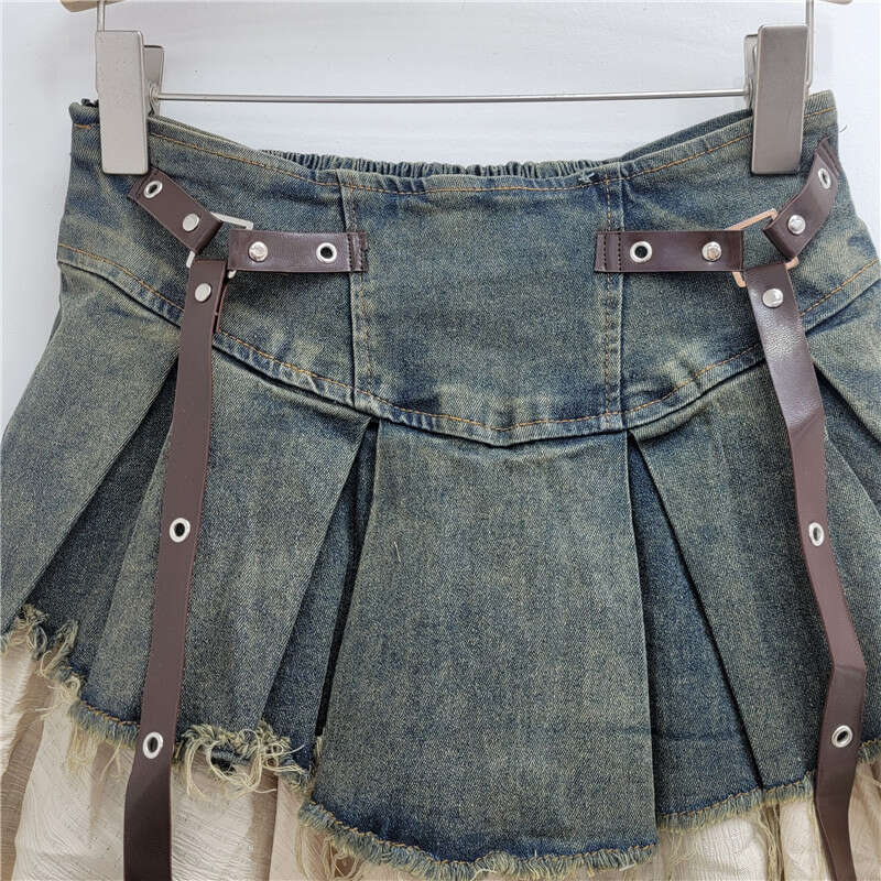 Splicing Denim Pleated Midi For Women's Autumn New Style Temperament Spicy Girl Fashionable High Waist Slimming A-Line Short Skirt