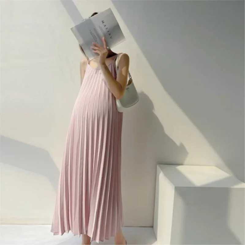 2023 Summer Sleeveless Pregnant Womens Pink Dress Chiffon Skirt Korean version Hanging Strap Skirt Maternity Long Dress LE952T250311