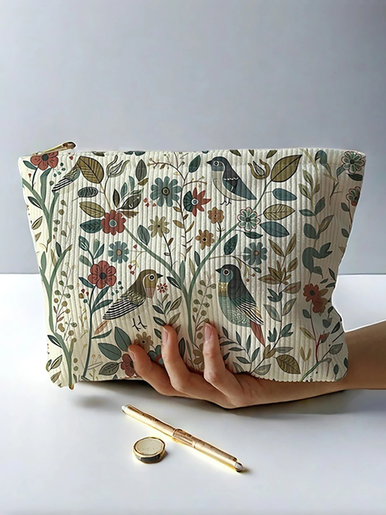 1pcBranch bird pattern corduroy zipper makeup bag lightweight and multifunctional cosmetic storage 250311
