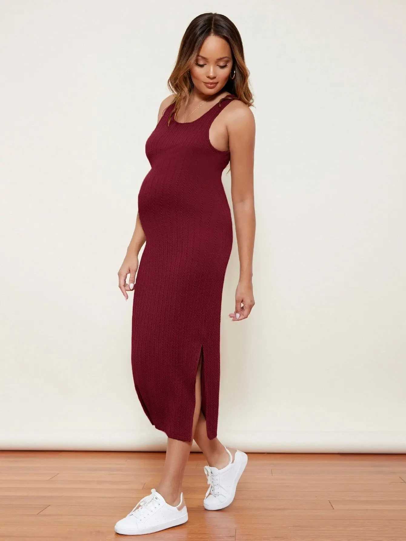 New Spring Summer Maternity Sundress Long Knit Pregnancy Casual Dress Off Shoulder Beach Wear Clothes For Pregnant Women OutfitsT250311