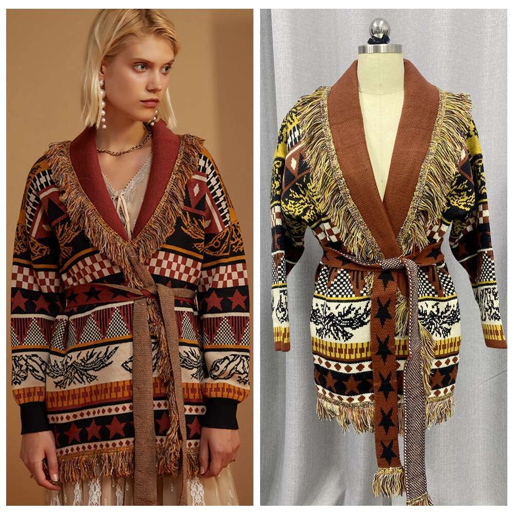 Autumn/Winter Thickened Ethnic Style Sweater Cardigan Loose Jacquard Mid Length Coat With Tassel Knit
