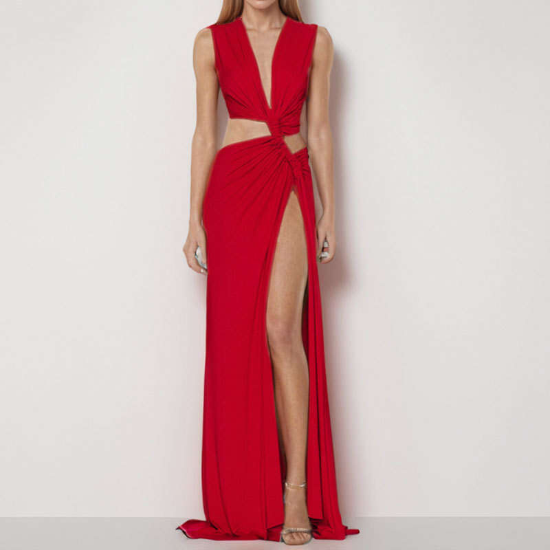 2025 Spring Women's Fashion Hollow Knot Slit V-Neck Sleeveless Pleated Irregular Dress KLMY