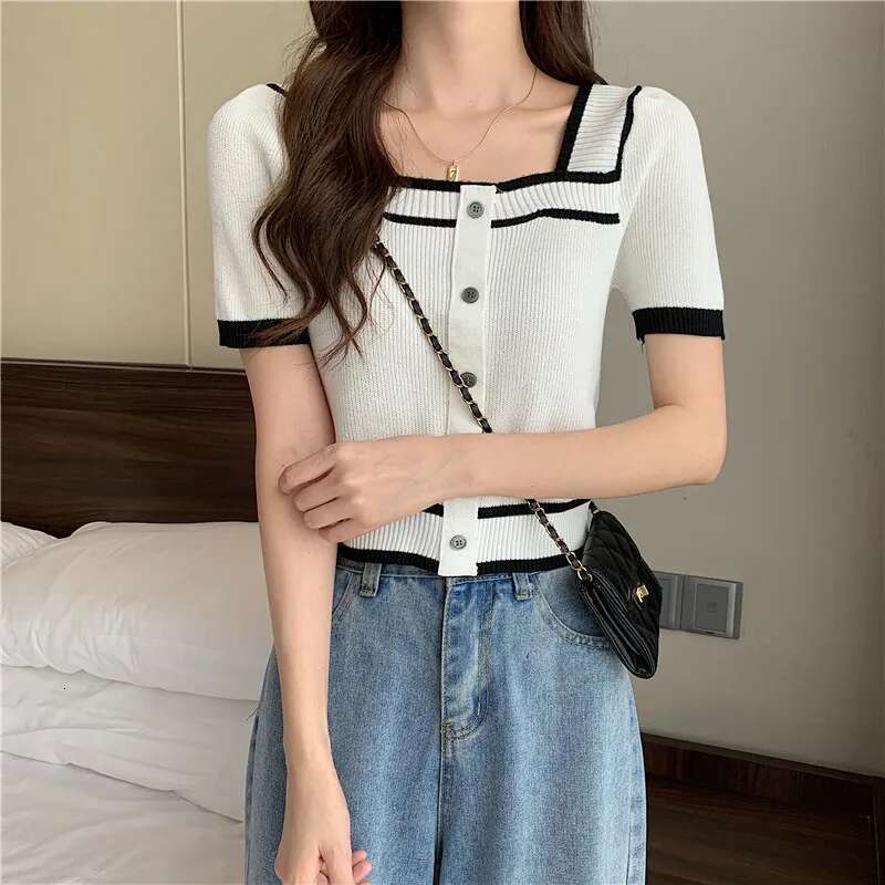 South Korea Spring Summer Style Square Collar Backless Sleeve Slim Fit Contrasting Short Base Knit Sweater Top For Women