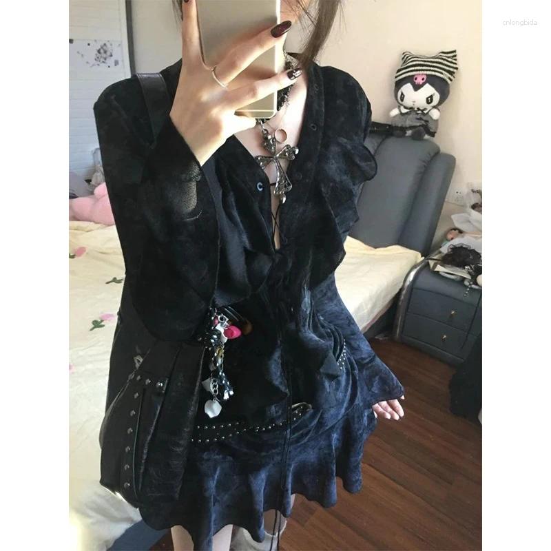 Casual Dresses Y2K Ruffles Mini Dress Women Haruku Vintage Bandage Summer Gothic Aesthetic Sexy V Neck Long Sleeve Bodycon Vestidos