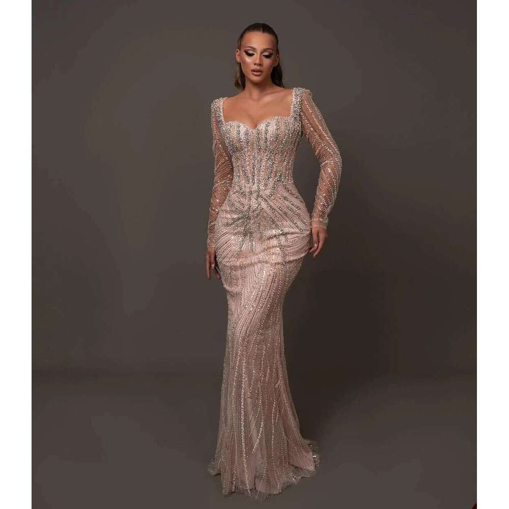 Brilliant sequins and mermaid crystal dresses, custom evening dress, long sleeves, illusion, light pink, party