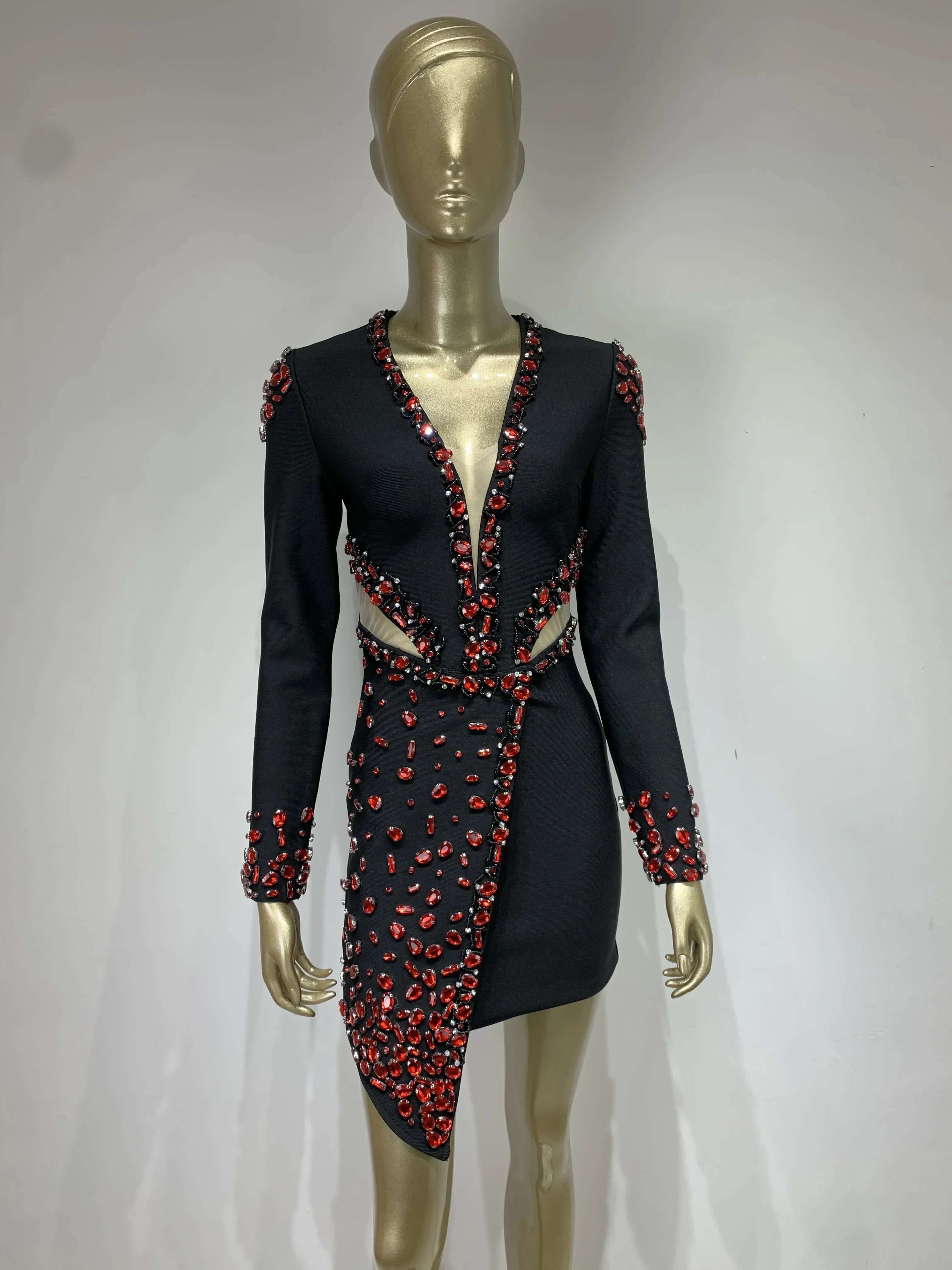 Women Celebrity Sexy Long Sleeve V Neck Rhie Beading Black Mini Bandage 2023 Elegant Evening Club Party Dress