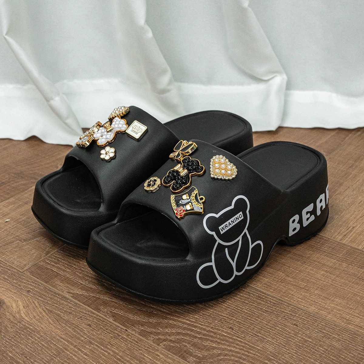 New Black and White Bear Thick-Soled Wedge Heel Womens Sandals and Slippers E19XJ250311