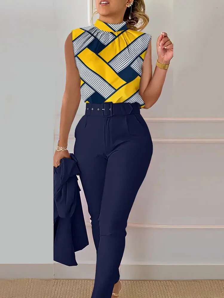 Elegant Women's Two Suits Fashion Printed Sleevelss Top Black Pants With Belt Blouses 2 Piece Set Female Clothing