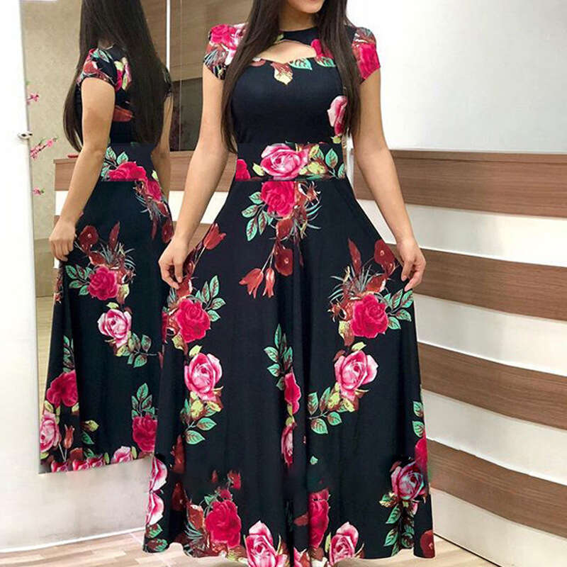 2025 Spring Women's Elegant And Fashionable Printed Round Neck Short Sleeve Grand Swing Dress 661 KLMY