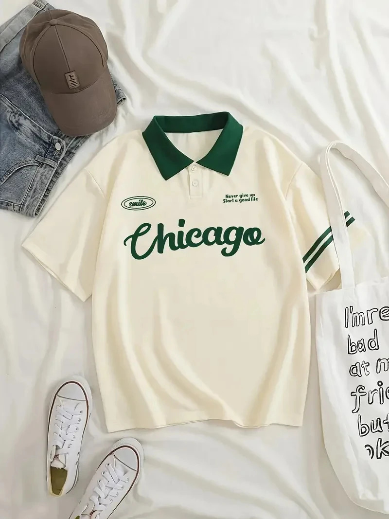 Mens Chicago Print Loose Polo Shirt Fashion Short Sleeve Lapel Sports Tshirt Men Women Activewear Oversized Unisex Tops 250311