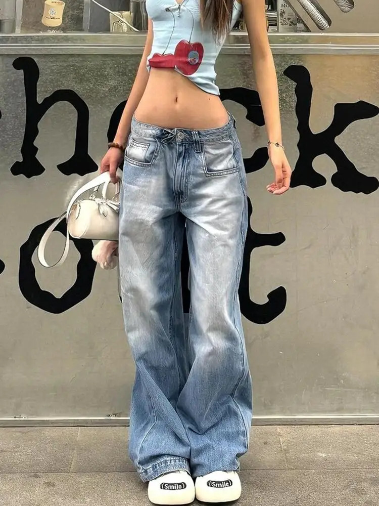 Womens American Vintage Y2k Japanese Harajuku Streetwear Baggy Low Rise Denim Pants Long Trousers 2000s Aesthetic Jean Kpop Punk 250306