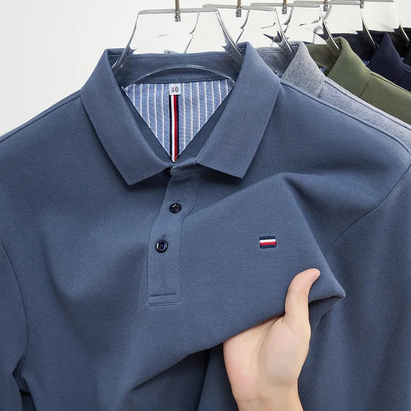 mens casual and fashionable ed long sleeved polo shirt comfortable breathable 250311