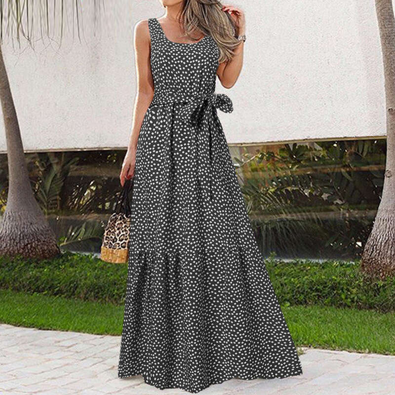 2025 New Bohemian Long With Printed Pleated Waist, And Large Swing Suspender Dress 661 KLMY