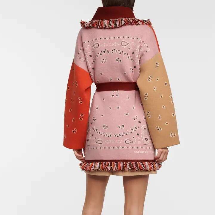 New Niche Bohemian Color Blocked Jacquard Sweater Cardigan Wool Blend Loose Knit Jacket