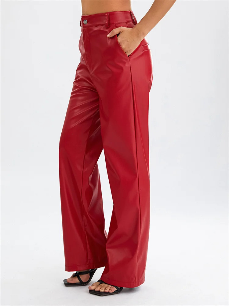 Womens PU Leather Long Pants Solid Color High Waist Wide Leg Straight Pants Summer Autumn Vintage Elegant Loose Trousers Fashion 250305