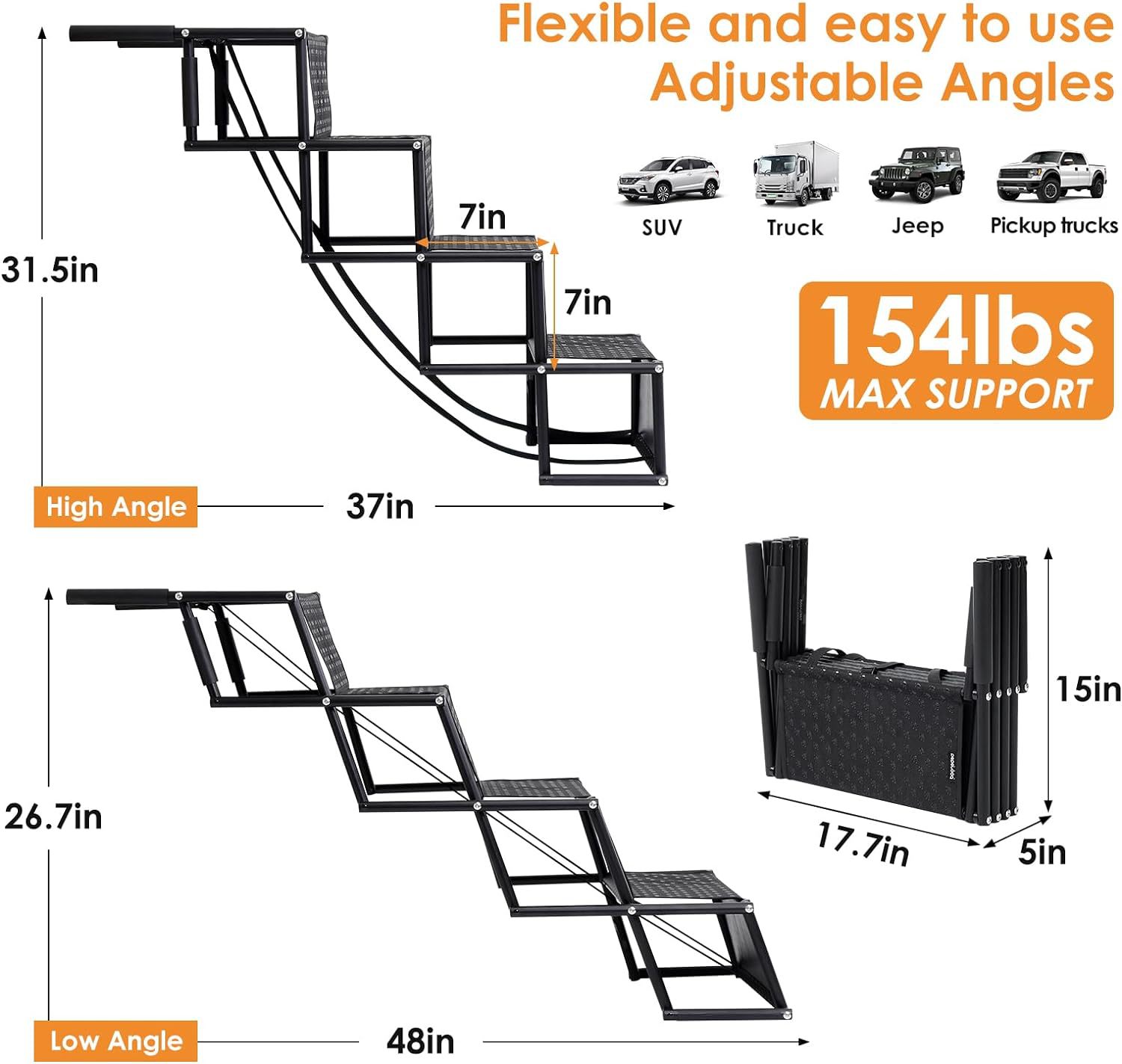 Portable Foldable Pet Ramp Stairs Car Ladder for Large Dogs Assist Steps with Non-Slip Surface for Easy Vehicle Access