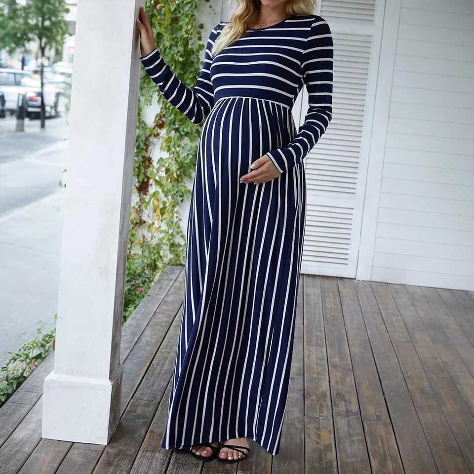 New Maternity Dresses Women 2024 Autumn Winter Long Dress Pregnancy Clothing Fashion Striped Round Neck Pregnant Maxi DressT250311
