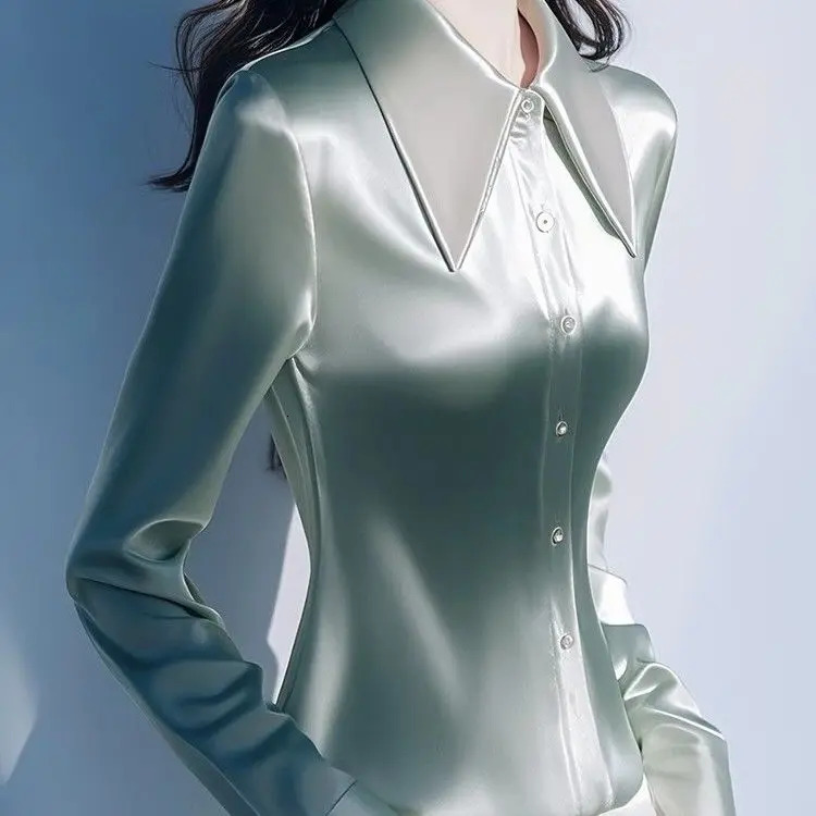 Green Satin Shirt for Women Early Spring Waisthugging Professional Commuting Cardigan 250310
