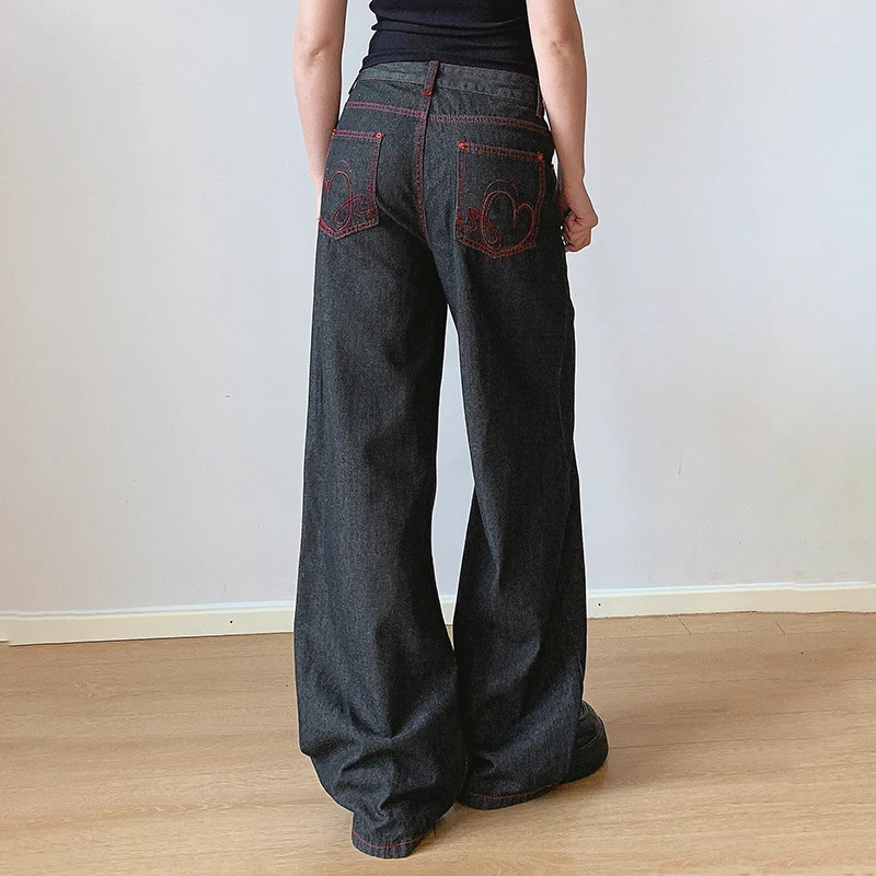 SUCHCUTE ed Denim Wide Leg Pants High Street Low Waist Trousers Y2k Aesthetic 2000s Jeans Streetwear Casual Baggy 250311