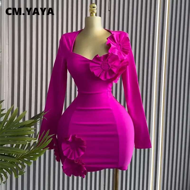 Cm.Yaya Women Strapless Mult 3D Wer Long Sleeve Bodycon Mini Dress Sexy Birthday Evening Night Party Club Vestidos Dresses