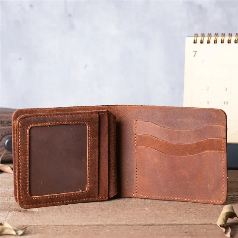 100% genuine leather retro mens insertion folding wallet picture coin ultrathin commercial currency credit card ID holder 250311