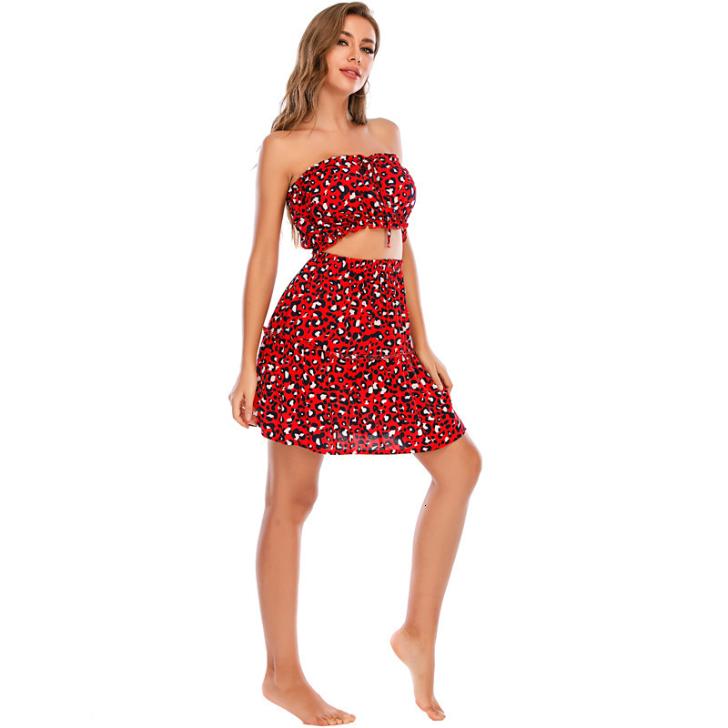 Fashion Casual Women's Leopard Print Strapless Dress Paired With Short Skirt Two-Piece Set