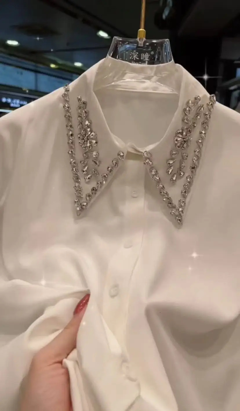 In Autumn Spring Sparkle Diamonds Stitch Elegant White Blouses Shirts for Womens Long Sleeve Versatile Tops Clothing 250311