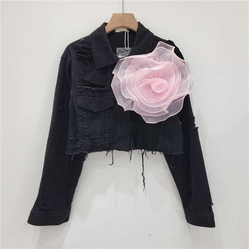 Three Dimensional Flower Fashion Tie Dye Personalized Perforated Pink Short Denim Women's Stylish Jacket