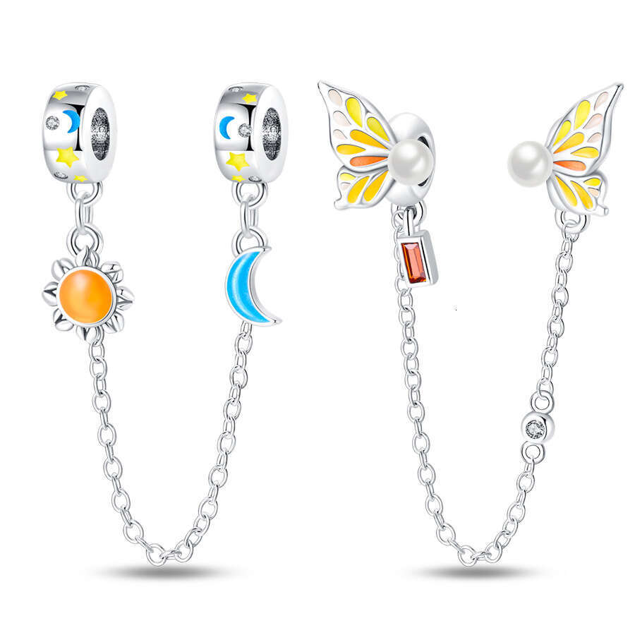Hot Selling 925 Sterling Silver buckle Charms sun moon luminous safety chain Charm fit bracelet DIY for women new accessory Jewelry gift