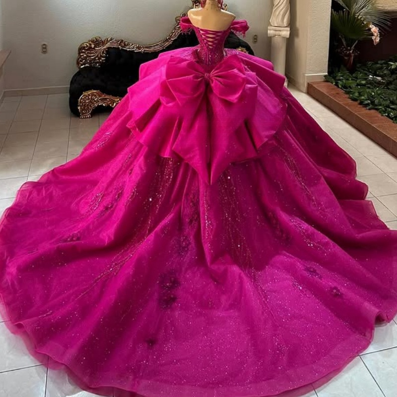 Rose Red Shiny Quinceanera Dresses Ball Gown Off The Shoulder Beading Crystal Bow Tull Party Birthday Sweet 16 Dress Vestidos 15 De Anos