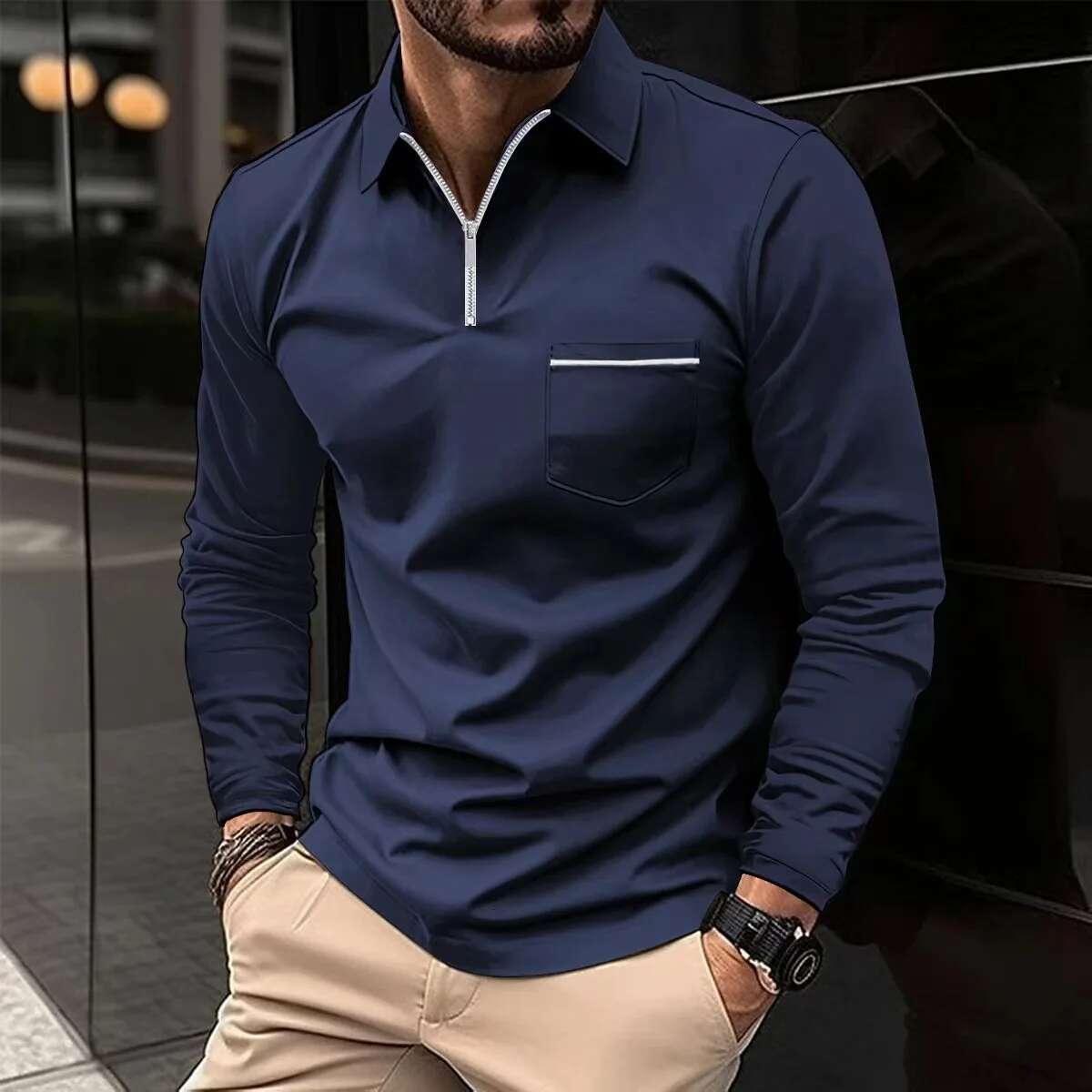 Spring Autumn Solid Color Polo Shirt Zipper Pocket Lapel Men's Casual Sports Long Sleeve Top Men