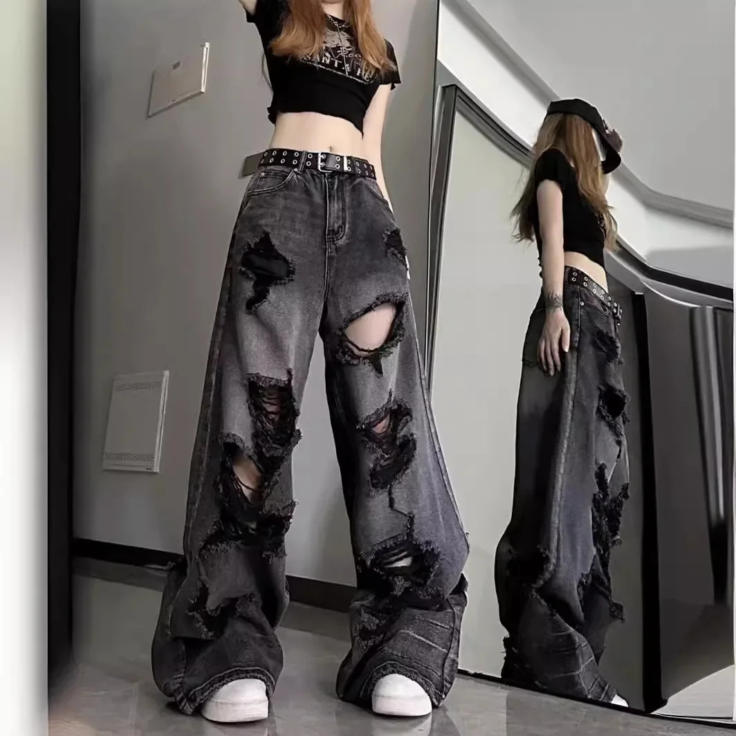 Unique Cool Ripped Jeans Womens Summer Distressed American Style Bell Bottoms Loose Fit Versatile Straight Leg Long Pants 250311