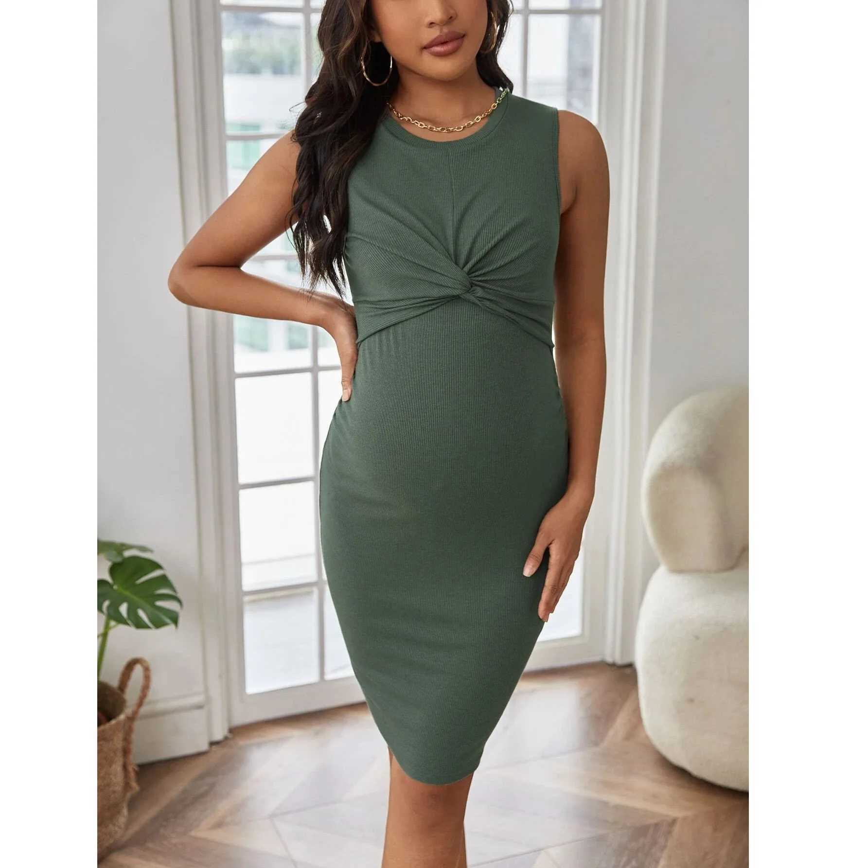 Pregnancy Dresses Summer Maternity Clothes Temperament Fallow Twist Rib Knit Solid Color Sundress Clothing for Maternal WomenT250311