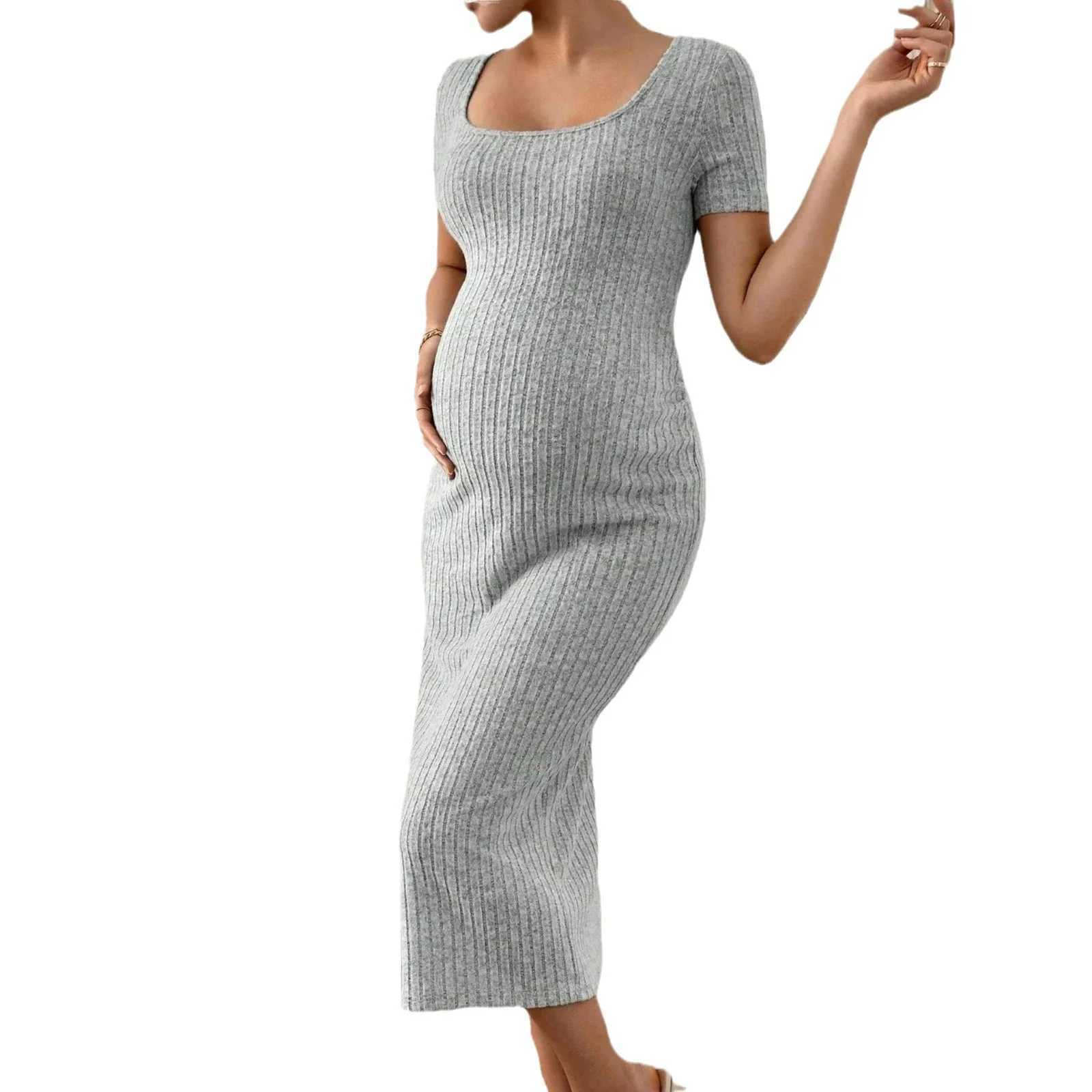 Pregnancy Dresses Fashion Maternity Rib Knit Round Square Neck Short-sleeved Pregnant Women Clothing One-piece Elegance DressT250311
