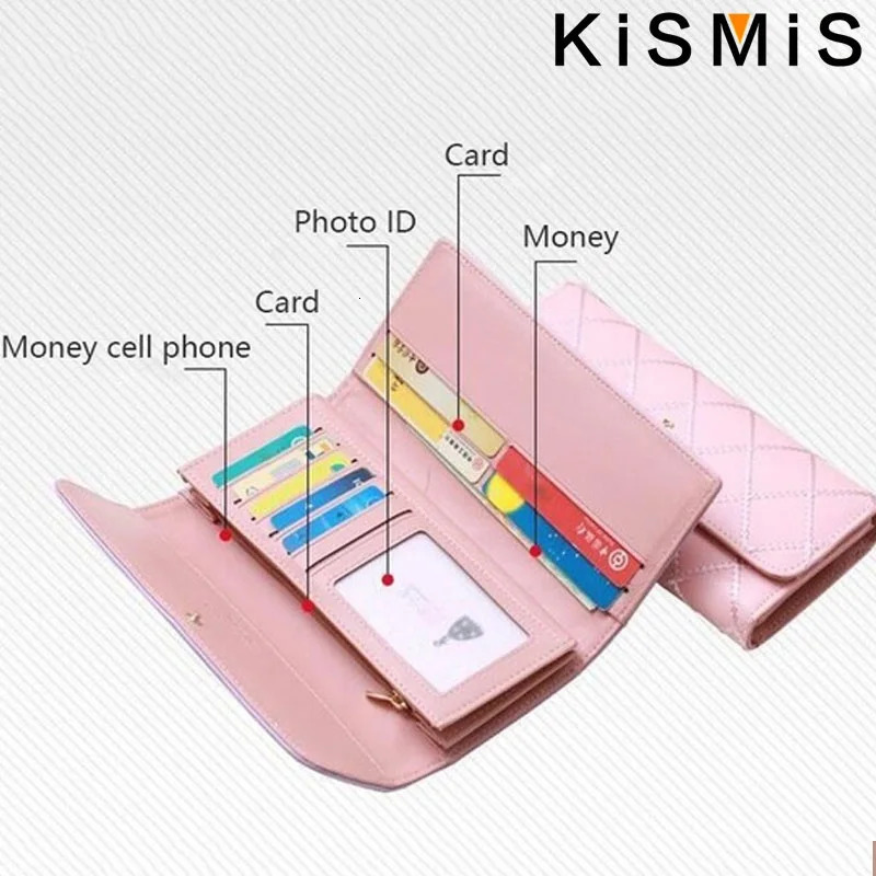 KISMIS Wallets for Women Cute Pink Pocket Womens Purses Plaid PU Leather Long Wallet Hasp Phone Bag Money Coin Ca 250311
