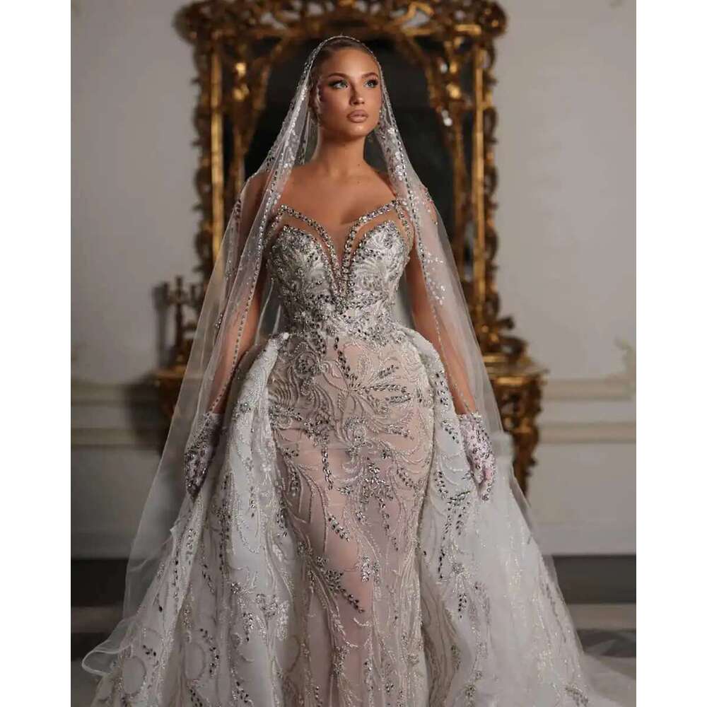 Beading v neckline mermaid sexy dress sequins lace arabic sleeveless custom wedding dresses