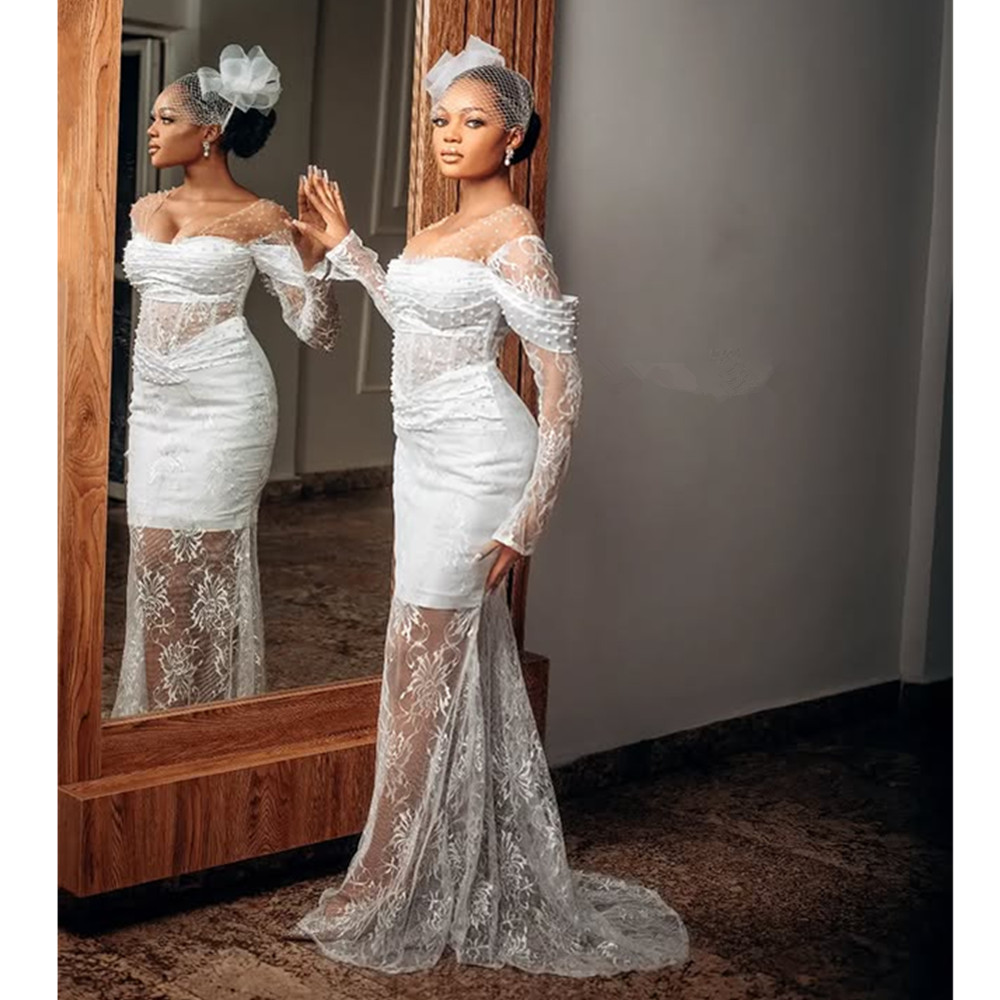 Dubai Arabic Wedding Dresses Ral Lace Illusion Scoop Neck Long Sleeves Bridal Gowns Sweep Train Vestidos De Novia Formal Pearls Brides Dress Plus Size