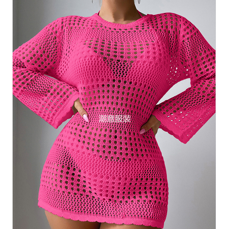 New Vacation And Leisure Hollow Long Sleeve Pullover Solid Color Fashion Sunscreen Shirt Mid Length Beach Cover