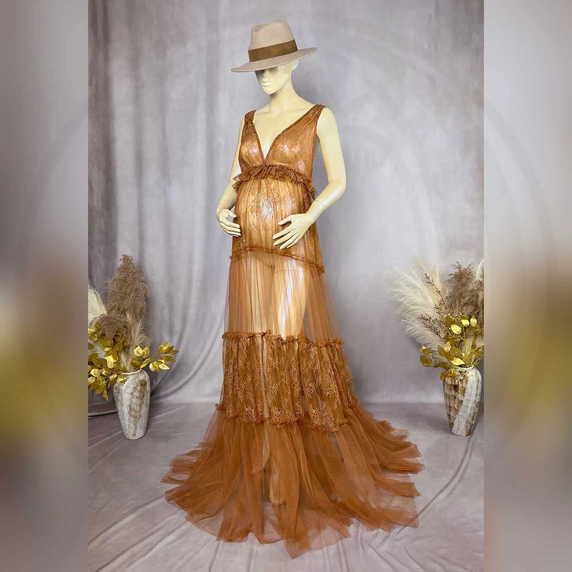 Don Judy Dresses for Pregnant Women Maternity Clothing V-Neck Dress with Sequin and Lace Patchwork Tulle Photography Apparel X250224