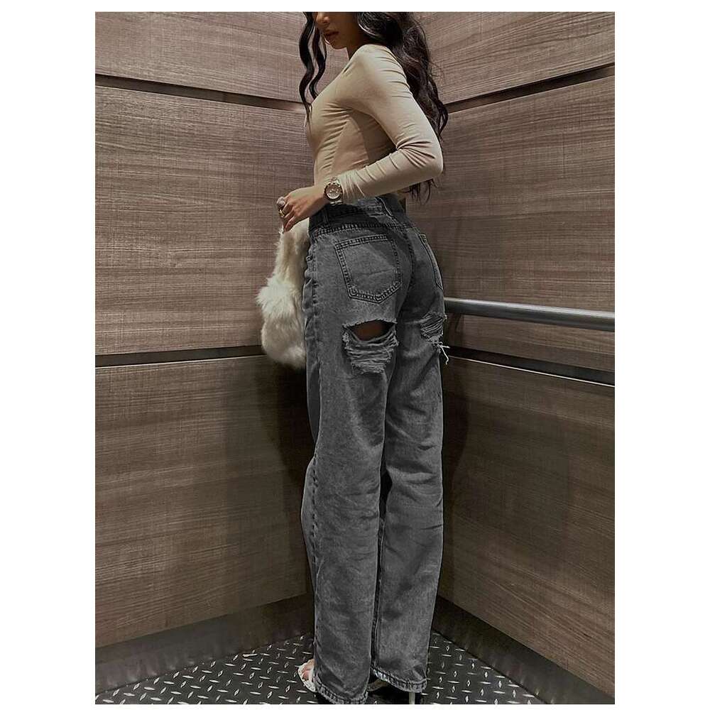 European and American sources of high waisted, perforated, slim fit fashionable jeans for women in 2025 with versatile temperament, new trendy clothin